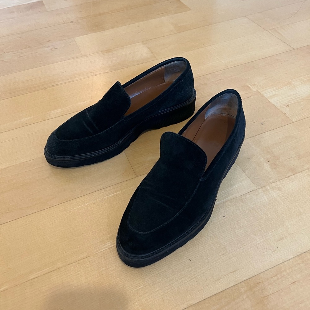 Aquatalia “Kelsey” Black Suede Loafer with Leather Lining and Rubber Sole